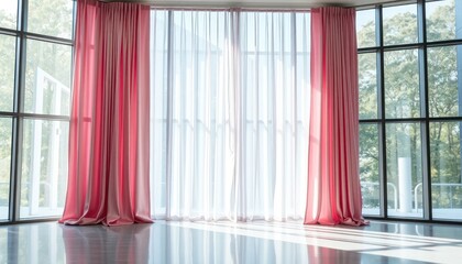 Room with large windows and red curtains