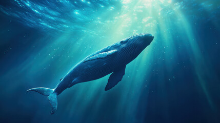 Fototapeta premium majestic whale gracefully swims beneath ocean surface, illuminated by beams of sunlight filtering through water. This serene scene captures beauty of marine life