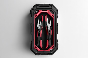 Naklejka premium Two Pruning Shears in Black, Red Hard Case Sharp Blades, Tool Organizer, CloseUp Shot