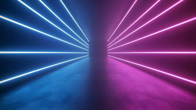 A digital image depicting a futuristic space with vibrant blue and pink neon lights forming parallel lines on opposing walls, converging towards a central point on a textured floor.
