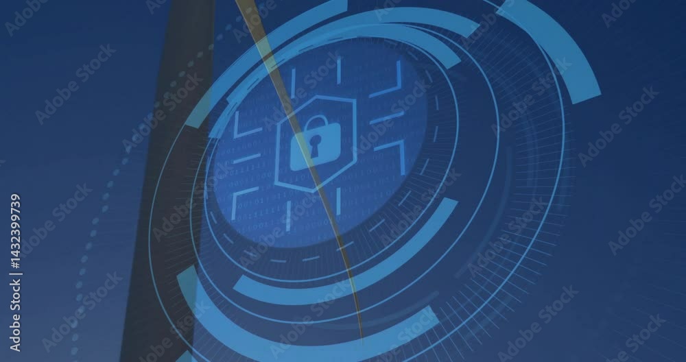 Poster central security graphic rotating in digital scene using padlock shield, binary code, flat design