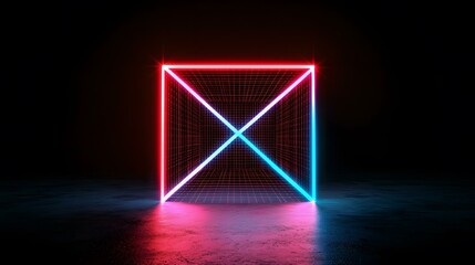 Naklejka premium A wireframe cube with neon red and blue light lines intersecting inside, reflecting on a dark surface.