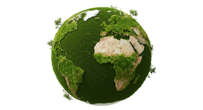 Earth Globe Covered in Grass Isolated on Transparent Background