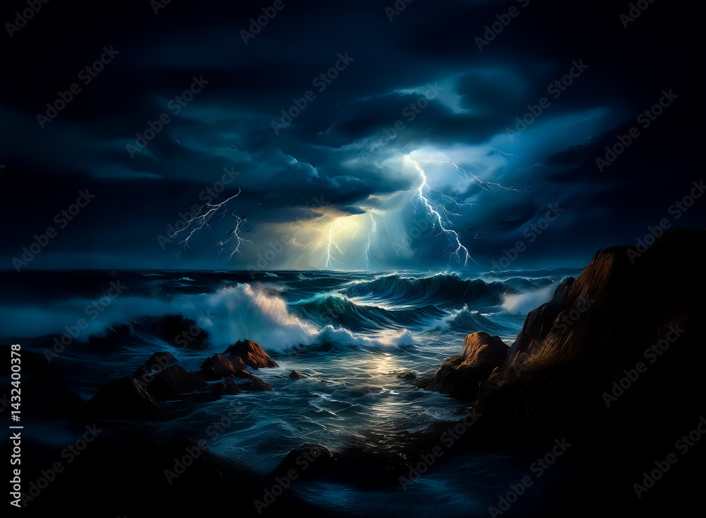 Poster hints: the image depicts a powerful storm at sea with lightning striking. it suggests a sense of dra