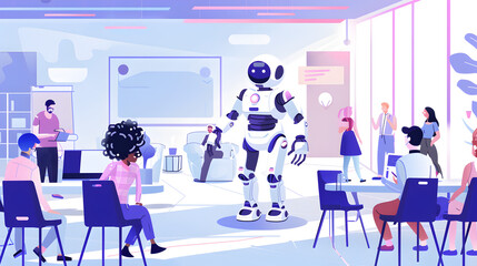 A robot stands in the center of a meeting room with people around in a modern office setting