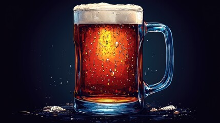Full glass of amber beer, foamy top