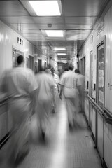 A busy hospital hallway with staff moving quickly. A group of doctors and nurses meet to discuss a patientâ€™s progress. The mood is focused and determined 