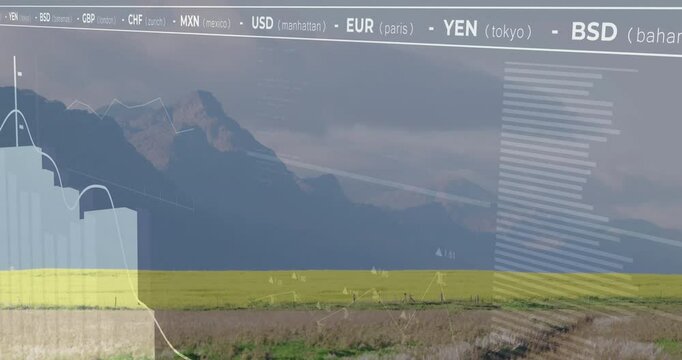 Mountain landscape animating in flat design with finance overlay, showing currency codes and bars