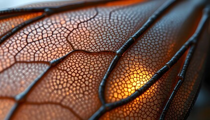 Fototapeta premium Dragonfly Wing Detail: Delicate Structure with Warm Illumination