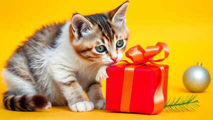 Playful Kitten with Christmas Gift Festive Holiday Image