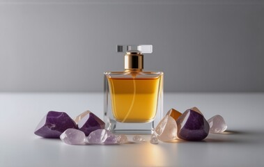 Amber perfume in a clear glass bottle sits on a white surface, surrounded by amethyst and rose quartz crystals.  The scene is minimalist and elegant, suggesting luxury and natural scents.