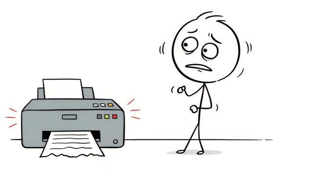 Stressed person and printer cartoon illustration for technical support
