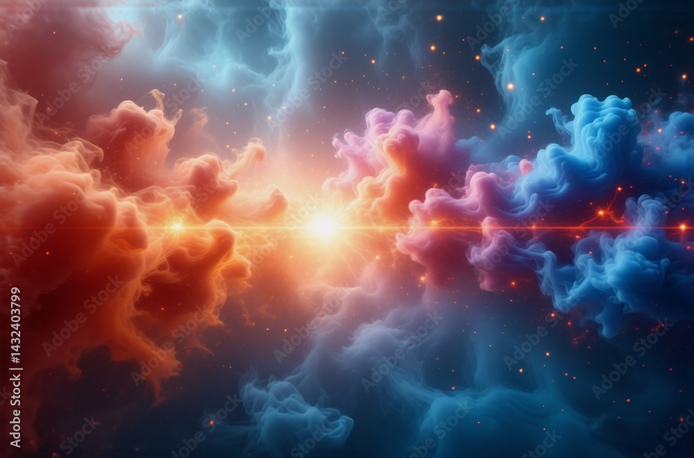 Poster a vibrant cosmic scene with swirling nebulae in shades of red, orange, and blue. a bright light sour