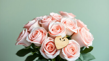 Fototapeta premium Delicate Peach Roses Bouquet Velvety Petals & Wooden Heart Charm