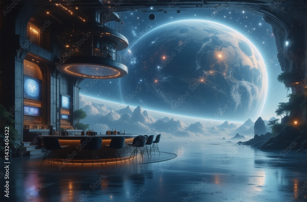 Poster futuristic bar with a panoramic view of an alien planet and starry night sky. sleek, dark architectu
