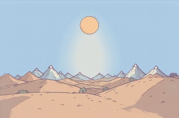 A serene desert landscape featuring snow-capped mountains under a bright sun.  This minimalist illustration evokes a sense of calm and could serve as an avatar.