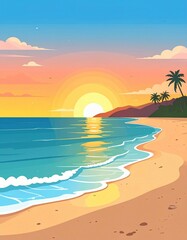 Fototapeta premium sunset on the beach illustration flat art design