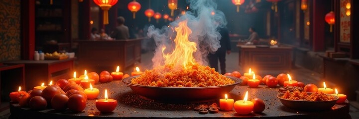Intricate Hungry Ghost Festival setup; glowing candles, swirling smoke, abundant offerings , oriental, food, mystical