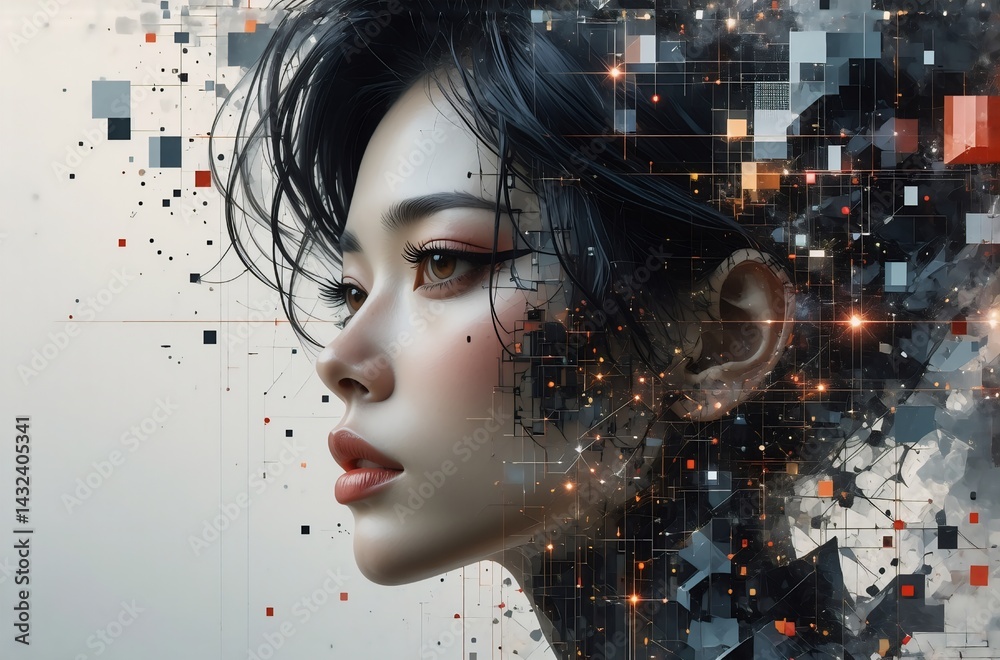 Aufkleber a profile portrait of a person, merging with a digital, fragmented world. hints of light illuminate 