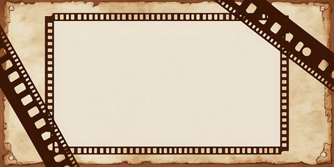 A vintage film frame with a blank center space, perfect for showcasing photographs or designs, surrounded by weathered filmstrip edges with an antique, aged texture.

