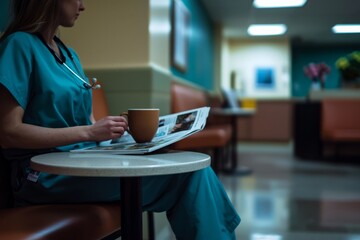 A hospital break room with soft lighting and a small table. A nurse enjoys a hot cup of tea while reading a magazine. The mood is relaxed and peaceful