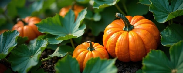 Orange pumpkins nestled amongst deep green leaves and shadows , sunlight, plants, vibrant