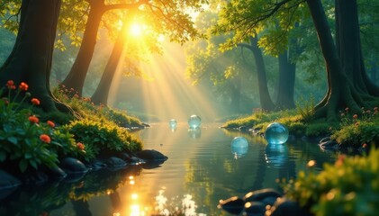 Sunlit spring forest, water orbs float amongst trees , rays, trees