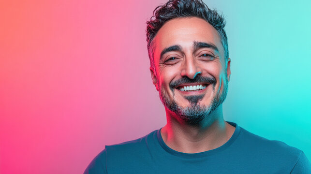 confident and charismatic man smiling at camera, showcasing joyful expression against vibrant gradient background of pink and blue hues. His relaxed demeanor adds to positive atmosphere