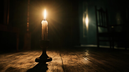 dark and eerie room features flickering candle casting shadows on wooden floor, creating mysterious atmosphere. faint light illuminates distant chair, enhancing suspenseful mood