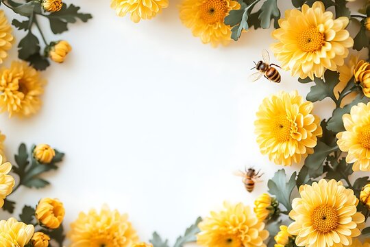 Yellow mums and bees on white backdrop create a vibrant frame for floral design, invitation or banner