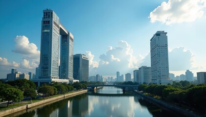 Obraz premium Jakarta's Monas against modern buildings, bright sunlight, landmark, city view, skyscrapers