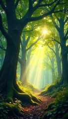 Fototapeta premium Musical forest, arching branches Soft light filters through , nature, symphony