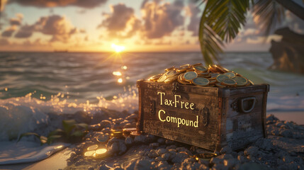 Treasure Chest of Tax-Free Compound Interest on Tropical Beach at Sunset &ndash; Hyper-Realistic