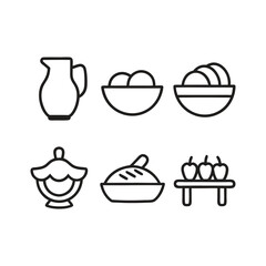 Food Icons Bowls, Pitcher, Fruit, and Bread Line Art