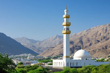 Naklejka premium Mosque with Minaret, Nizwa, Oman, Middle East, White Building, Islamic Architecture