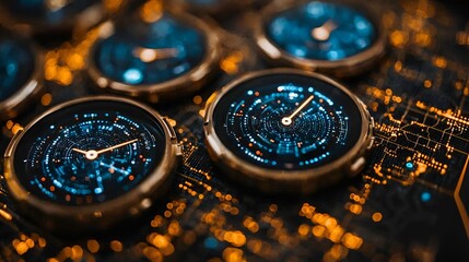 Futuristic digital clocks on circuit board.