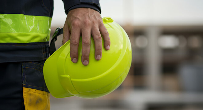 Close up of construction worker hand holding yellow hard hat safety helmet industrial work site background Ideal for construction safety industrial and occupational health imagery