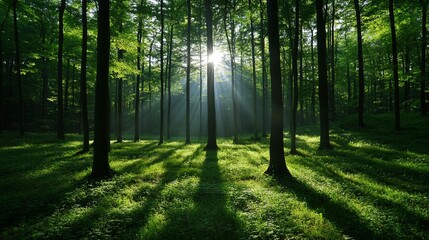 Obraz premium Mystical forest path sunlit green nature scene dark trees