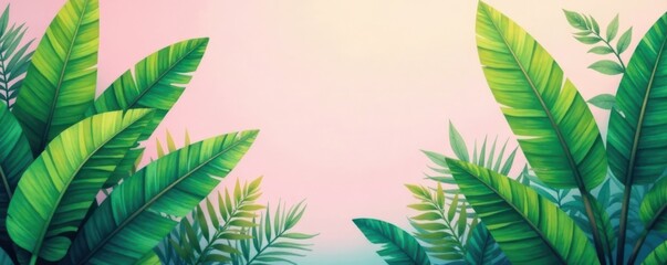 Pastel banana leaf tropical mural, serene landscape, texture, mural art