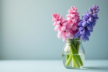 Pastel pink, purple hyacinths, & bluebells in a clear jar, floral arrangement, bluebells