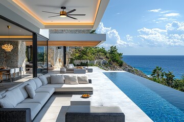 Modern black and gold ceiling fan with light on a white outdoor patio with ocean view.