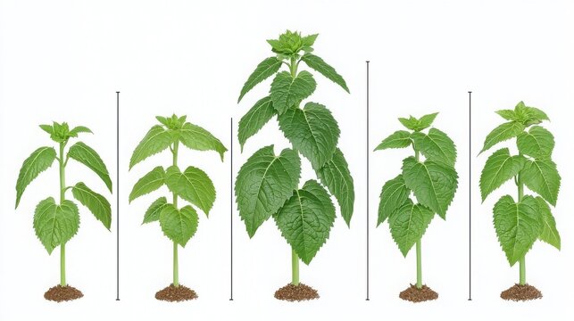 Sunflower in Full Bloom Concept. Growth Stages of Green Leafy Plants in Soil with Varying Heights and Leaf Sizes