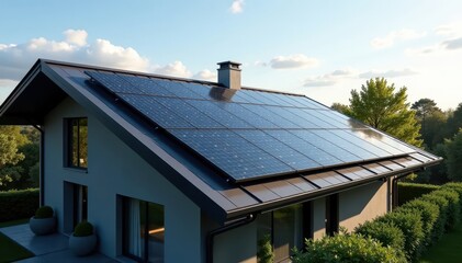 Sleek solar panel array integrated into a contemporary roof design, innovation, alternative, PV