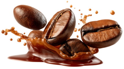 The Art of Coffee: A captivating display of coffee beans mid-air, poised to plunge into a splash of rich, aromatic coffee, illustrating the essence of the perfect brew.