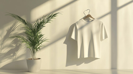 White T-shirt hanging on a hanger mockup, front view with a plant and shadow in an empty room background.