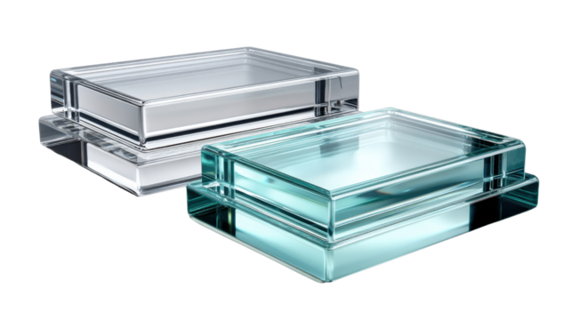 Minimalist Glass Blocks:  Two elegant transparent glass blocks showcase geometric design, embodying modern simplicity and versatile usability.