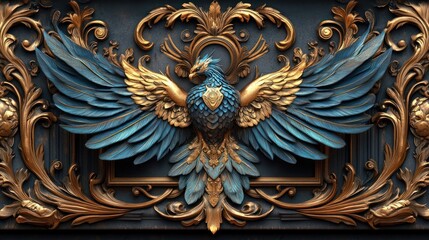 Gold ornate eagle relief, dark background, wall art