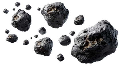 Celestial Rocks: A compelling array of meteorites floats, with captivating shapes and surfaces, ready to spark curiosity and intrigue about space exploration.