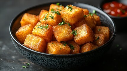 Crispy roasted polenta cubes in a bowl with sauce.
