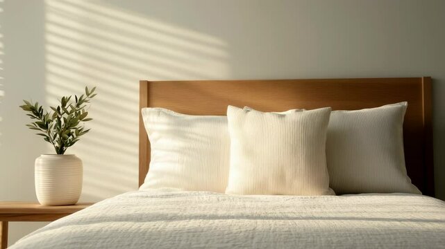 Cozy bedroom interior with wooden bed frame, soft pillows, and light quilt, enhanced by stylish plant and gentle sunlight casting shadows across wall.